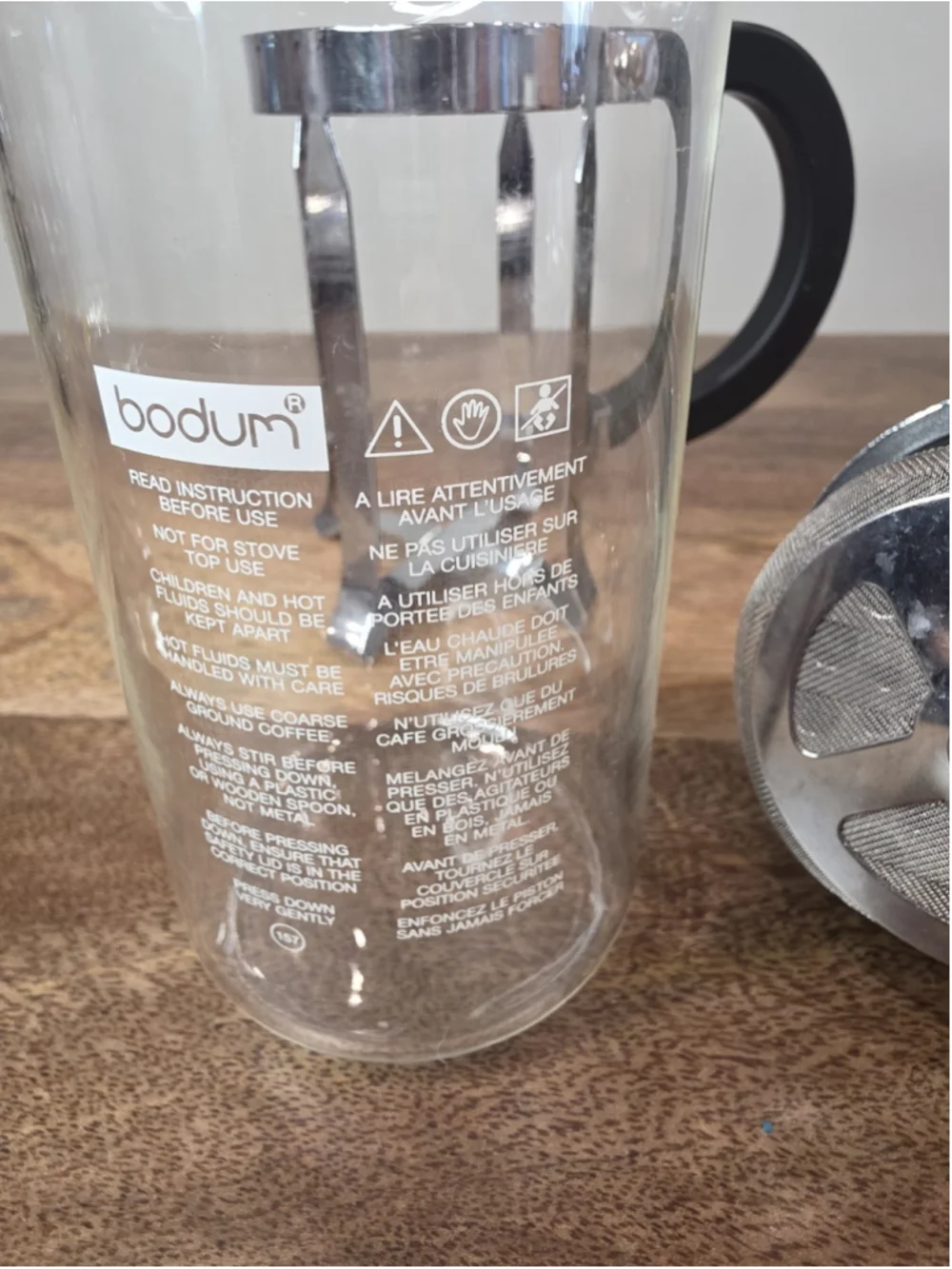 Bodum 3 Cup French Press Coffee Maker Glass Stainless Steel Black 12 Oz 0.35L